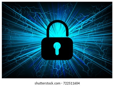 Safety concept, Closed Padlock on digital, cyber security, blue abstract hi speed internet technology background illustration. key, secure sci fi bolt, thunderbolt, shaft vector