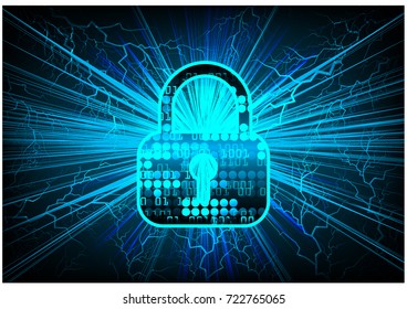 Safety concept, Closed Padlock on digital, cyber security, blue abstract hi speed internet technology background illustration. key, secure sci fi bolt, thunderbolt, shaft vector