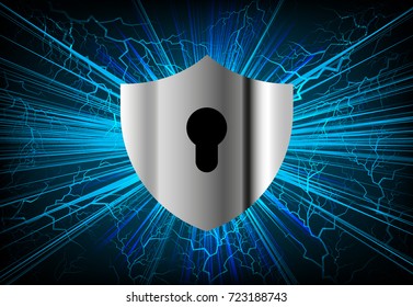 Safety concept, Closed Padlock on digital, cyber security, blue abstract hi speed internet technology background illustration. key, secure sci fi bolt, thunderbolt, shaft vector