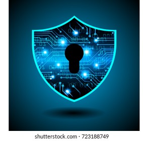 Safety concept, Closed Padlock on digital, cyber security, blue abstract hi speed internet technology background illustration. key, secure sci fi vector
