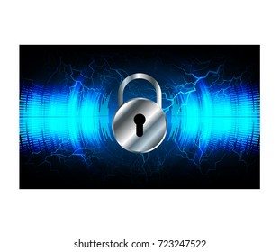 Safety concept, Closed Padlock on digital, cyber security, blue abstract hi speed internet technology background illustration. key, secure sci fi bolt, thunderbolt, shaft vector