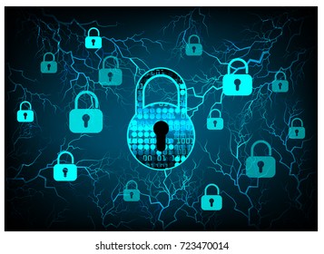 Safety concept, Closed Padlock on digital, cyber security, blue abstract hi speed internet technology background illustration. key, secure sci fi bolt, thunderbolt, shaft vector