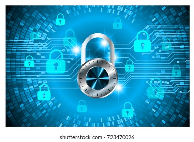 Safety concept, Closed Padlock on digital, cyber security, blue abstract hi speed internet technology background illustration. key, secure sci fi bolt, thunderbolt, shaft vector