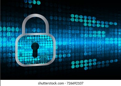 Safety concept, Closed Padlock on digital, cyber security, blue abstract hi speed internet technology background illustration. key, secure sci fi vector