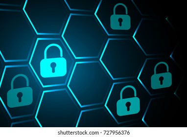 Safety concept, Closed Padlock on digital, cyber security, blue abstract hi speed internet technology background illustration. key, secure sci fi vector