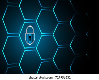Safety concept, Closed Padlock on digital, cyber security, blue abstract hi speed internet technology background illustration. key, secure sci fi vector