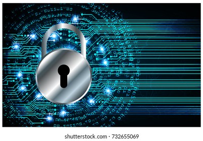 Safety concept, Closed Padlock on digital, cyber security, blue abstract hi speed internet technology background illustration. key, secure sci fi vector
