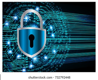 Safety concept, Closed Padlock on digital, cyber security, blue abstract hi speed internet technology background illustration. key, secure sci fi vector