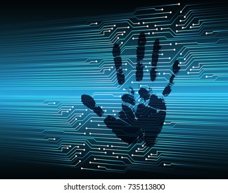 Safety concept, Closed Padlock on digital, cyber security, blue abstract hi speed internet technology background illustration. key, sci fi, fingerprint. scanning. Hand print.