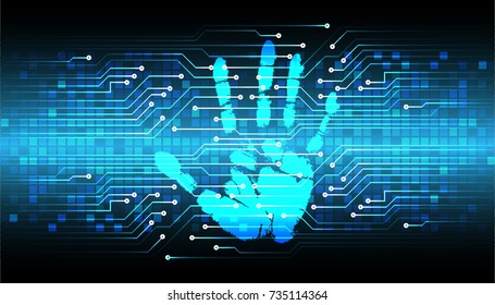Safety concept, Closed Padlock on digital, cyber security, blue abstract hi speed internet technology background illustration. key, sci fi, fingerprint. scanning. Hand print.