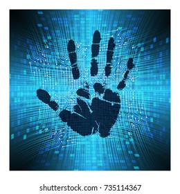 Safety concept, Closed Padlock on digital, cyber security, blue abstract hi speed internet technology background illustration. key, sci fi, fingerprint. scanning. Hand print.
