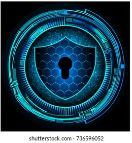 Safety concept, Closed Padlock on digital, cyber security, blue abstract hi speed internet technology background illustration. key, secure sci fi 