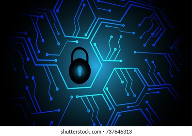 Safety concept, Closed Padlock on digital, cyber security, blue abstract hi speed internet technology background illustration. key, secure sci fi vector