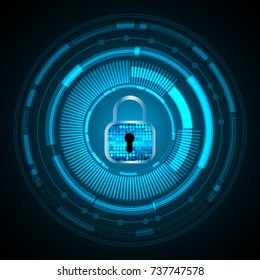 Safety concept, Closed Padlock on digital, cyber security, blue abstract hi speed internet technology background illustration. key, secure sci fi vector