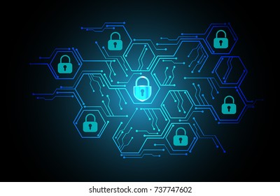 Safety concept, Closed Padlock on digital, cyber security, blue abstract hi speed internet technology background illustration. key, secure sci fi vector