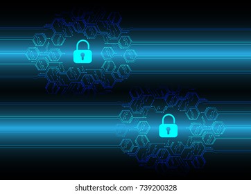 Safety concept, Closed Padlock on digital, cyber security, blue abstract hi speed internet technology background illustration. key, secure sci fi vector