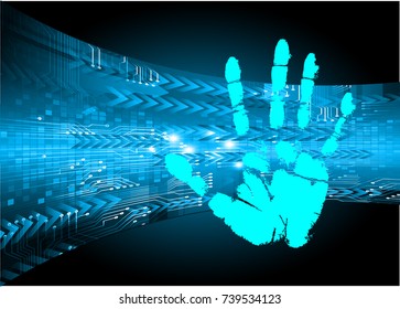 Safety concept, Closed Padlock on digital, cyber security, blue abstract hi speed internet technology background illustration. key, sci fi, fingerprint. scanning. Hand print.