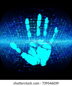 Safety concept, Closed Padlock on digital, cyber security, blue abstract hi speed internet technology background illustration. key, sci fi, fingerprint. scanning. Hand print.