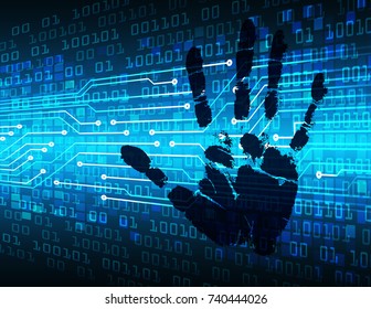 Safety concept, Closed Padlock on digital, cyber security, blue abstract hi speed internet technology background illustration. key, sci fi, fingerprint. scanning. Hand print.