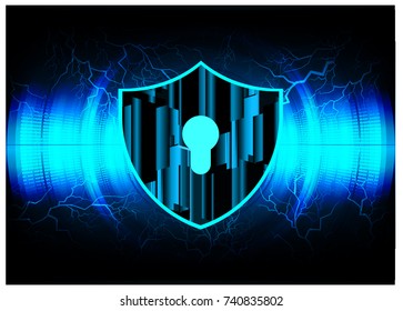 Safety concept, Closed Padlock on digital, cyber security, blue abstract hi speed internet technology background illustration. key, secure sci fi 