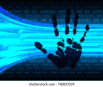 Safety concept, Closed Padlock on digital, cyber security, blue abstract hi speed internet technology background illustration. key, sci fi, fingerprint. scanning. Hand print.