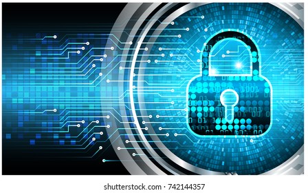 Safety concept, Closed Padlock on digital, cyber security, blue abstract hi speed internet technology background illustration. key, secure sci fi vector