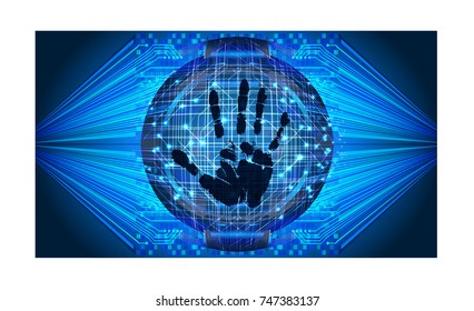 Safety concept, Closed Padlock on digital, cyber security, blue abstract hi speed internet technology background illustration. key, sci fi, fingerprint. scanning. Hand print.
