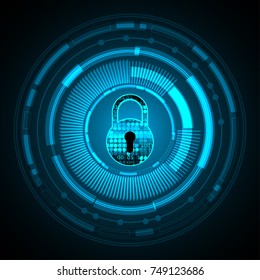 Safety concept, Closed Padlock on digital, cyber security, blue abstract hi speed internet technology background illustration. key, secure sci fi vector