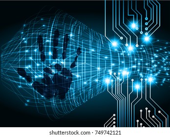 Safety concept, Closed Padlock on digital, cyber security, blue abstract hi speed internet technology background illustration. key, sci fi, fingerprint. scanning. Hand print.