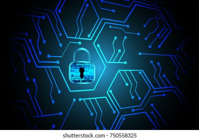Safety concept, Closed Padlock on digital, cyber security, blue abstract hi speed internet technology background illustration. key, secure sci fi vector