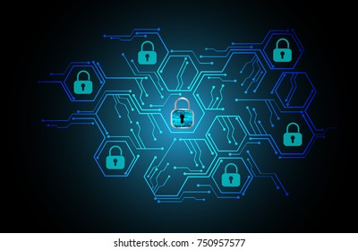 Safety concept, Closed Padlock on digital, cyber security, blue abstract hi speed internet technology background illustration. key, secure sci fi vector