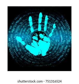 Safety concept, Closed Padlock on digital, cyber security, blue abstract hi speed internet technology background illustration. key, sci fi, fingerprint. scanning. Hand print.
