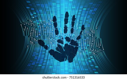 Safety concept, Closed Padlock on digital, cyber security, blue abstract hi speed internet technology background illustration. key, sci fi, fingerprint. scanning. Hand print.