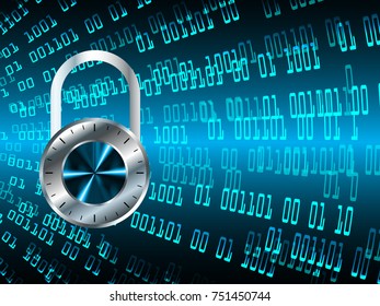 Safety concept, Closed Padlock on digital, cyber security, blue abstract hi speed internet technology background illustration. key, secure sci fi vector