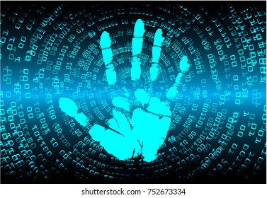 Safety concept, Closed Padlock on digital, cyber security, blue abstract hi speed internet technology background illustration. key, sci fi, fingerprint. scanning. Hand print.