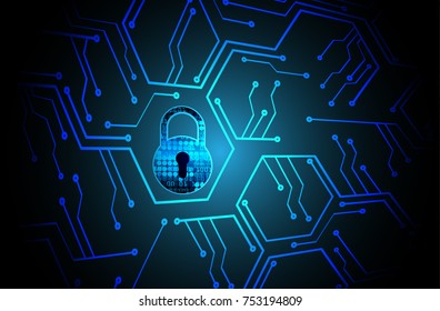 Safety concept, Closed Padlock on digital, cyber security, blue abstract hi speed internet technology background illustration. key, secure sci fi vector