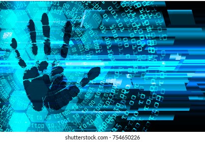 Safety concept, Closed Padlock on digital, cyber security, blue abstract hi speed internet technology background illustration. key, sci fi, fingerprint. scanning. Hand print.