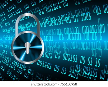 Safety concept, Closed Padlock on digital, cyber security, blue abstract hi speed internet technology background illustration. key, secure sci fi vector
