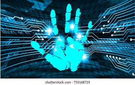 Safety concept, Closed Padlock on digital, cyber security, blue abstract hi speed internet technology background illustration. key, sci fi, fingerprint. scanning. Hand print.