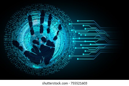 Safety concept, Closed Padlock on digital, cyber security, blue abstract hi speed internet technology background illustration. key, sci fi, fingerprint. scanning. Hand print.