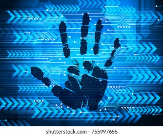 Safety concept, Closed Padlock on digital, cyber security, blue abstract hi speed internet technology background illustration. key, sci fi, fingerprint. scanning. Hand print.