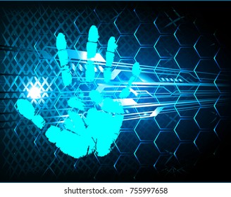 Safety concept, Closed Padlock on digital, cyber security, blue abstract hi speed internet technology background illustration. key, sci fi, fingerprint. scanning. Hand print.