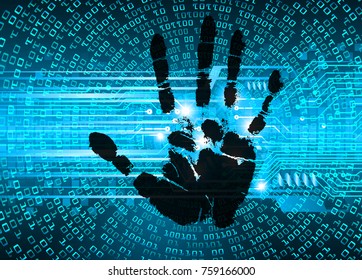 Safety concept, Closed Padlock on digital, cyber security, blue abstract hi speed internet technology background illustration. key, sci fi, fingerprint. scanning. Hand print.