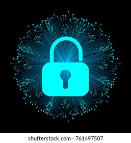 Safety concept, Closed Padlock on digital background, cyber security, Blue abstract hi speed internet technology background illustration. key vector
