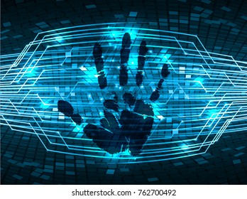 Safety concept, Closed Padlock on digital, cyber security, blue abstract hi speed internet technology background illustration. key, sci fi, fingerprint. scanning. Hand print.