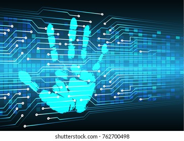 Safety concept, Closed Padlock on digital, cyber security, blue abstract hi speed internet technology background illustration. key, sci fi, fingerprint. scanning. Hand print.