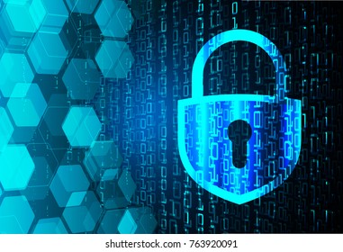 Safety concept, Closed Padlock on digital background, cyber security, Blue abstract hi speed internet technology background illustration. key vector