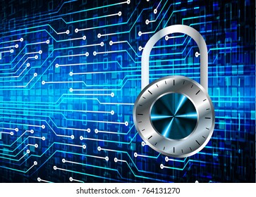 Safety concept, Closed Padlock on digital background, cyber security, Blue abstract hi speed internet technology background illustration. key vector