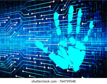 Safety concept, Closed Padlock on digital, cyber security, blue abstract hi speed internet technology background illustration. key, sci fi, fingerprint. scanning. Hand print.