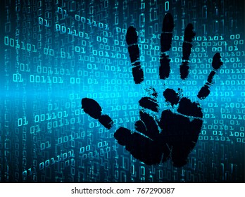 Safety concept, Closed Padlock on digital, cyber security, blue abstract hi speed internet technology background illustration. key, sci fi, fingerprint. scanning. Hand print.